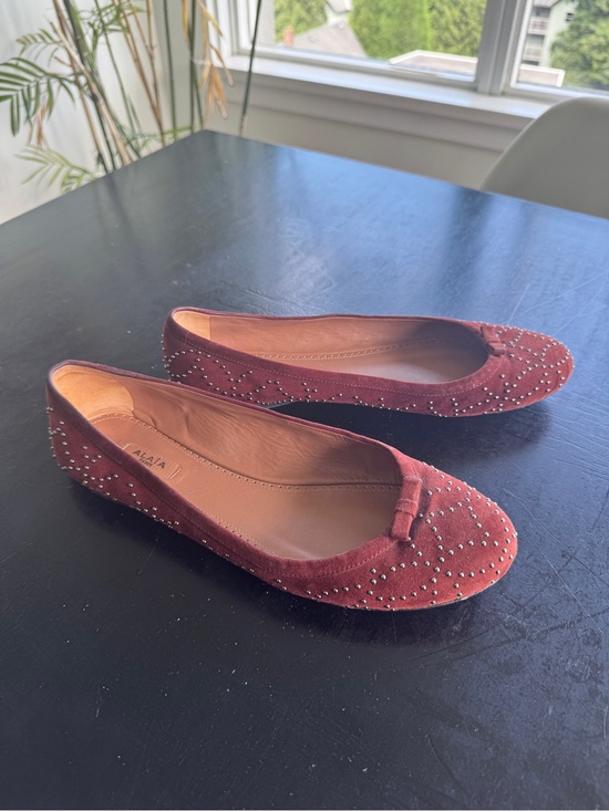 Alaia Shoes - Alaia Burgundy Suede Studded Bow Ballet Flats